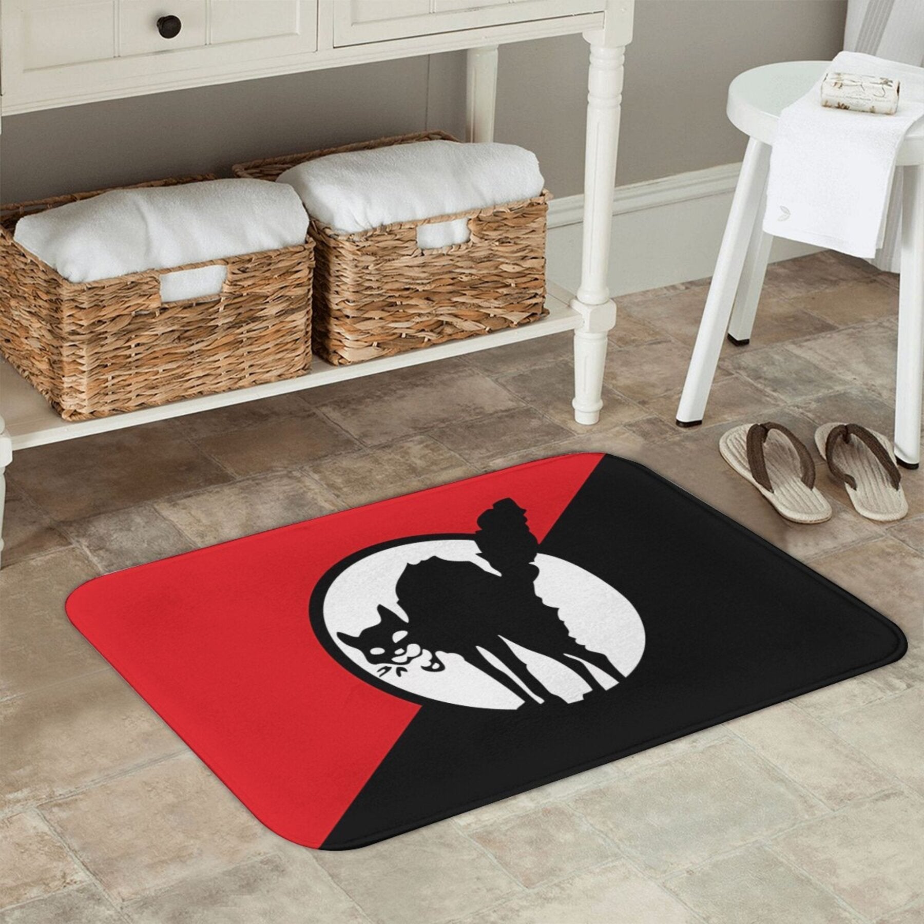 Lightweight Machine Washable Flannel Bath Mat with Black Cat Flag Design
