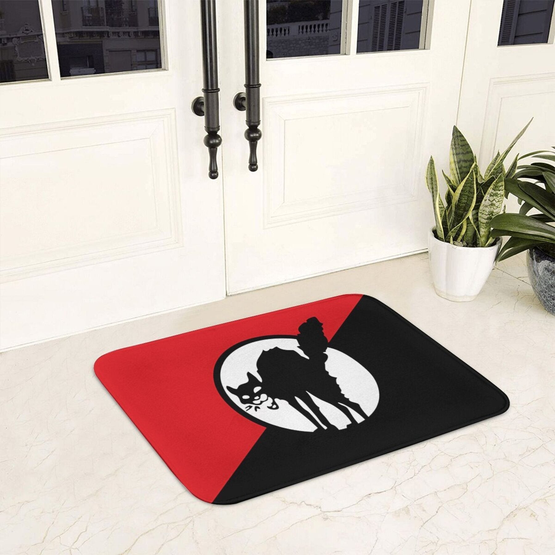 Lightweight Machine Washable Flannel Bath Mat with Black Cat Flag Design