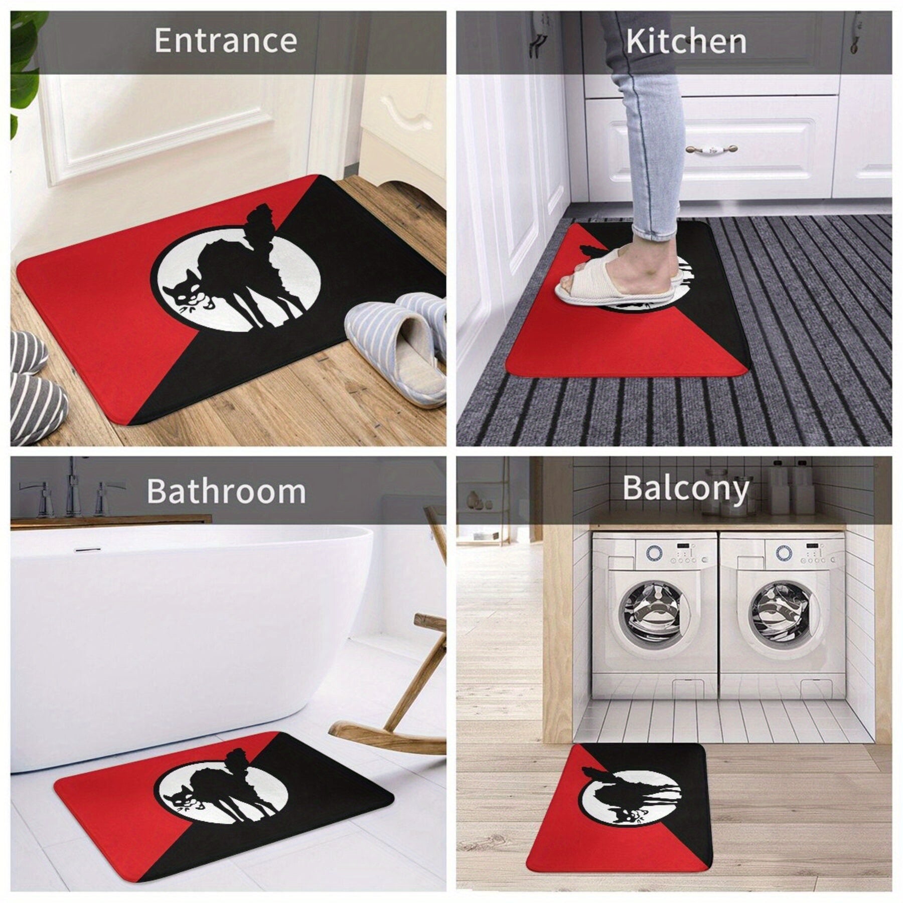 Lightweight Machine Washable Flannel Bath Mat with Black Cat Flag Design