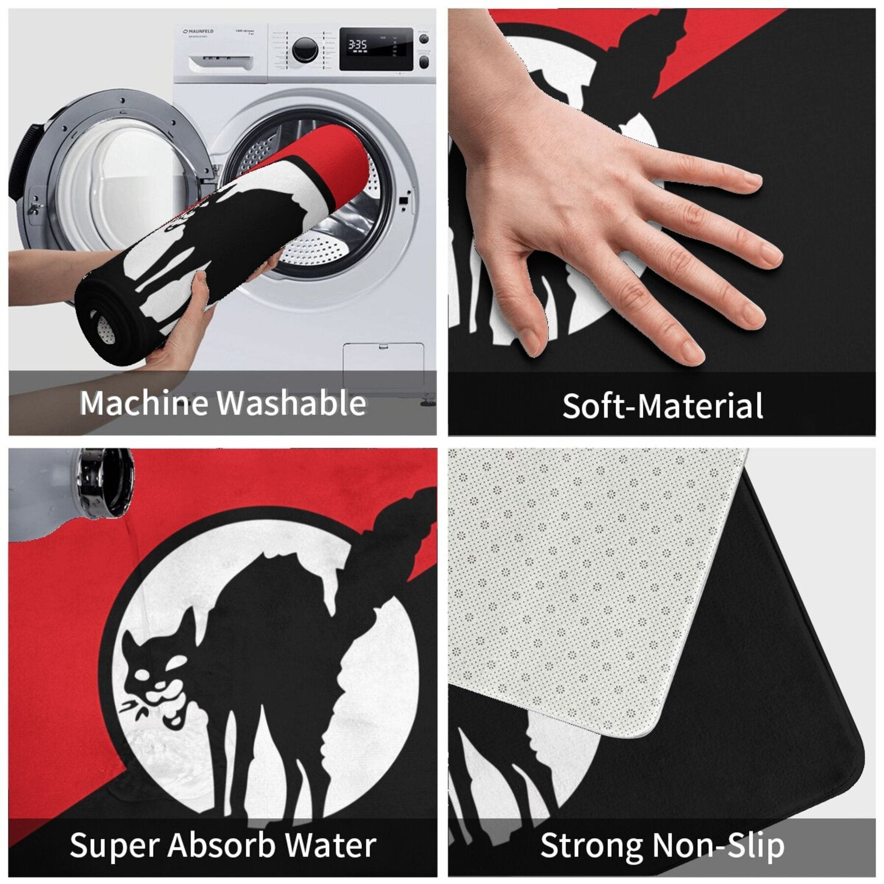 Lightweight Machine Washable Flannel Bath Mat with Black Cat Flag Design