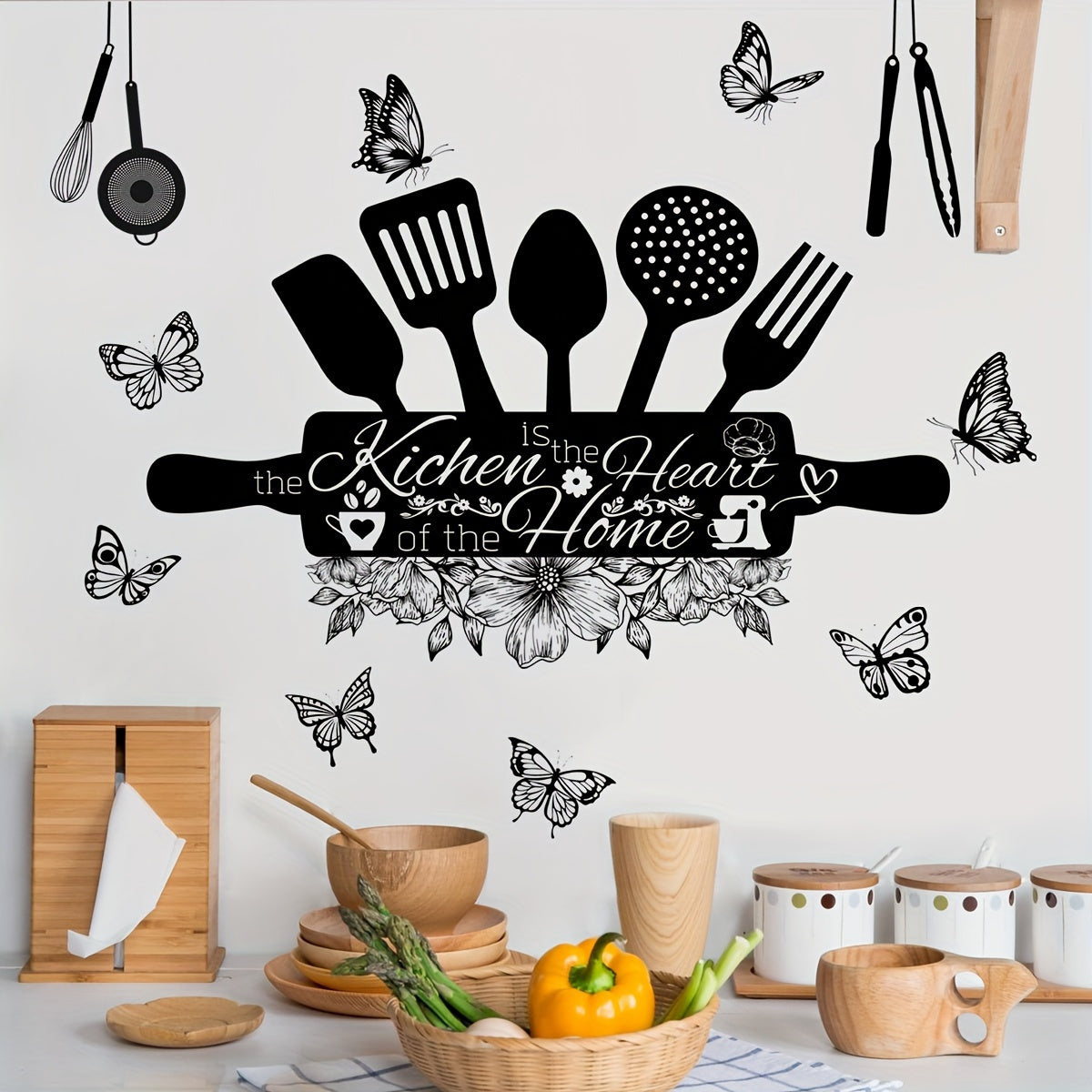 Vinilo decorativo para pared de cocina con acabado mate, cita inspiradora y detalles de mariposas, decorativo removible para el hogar