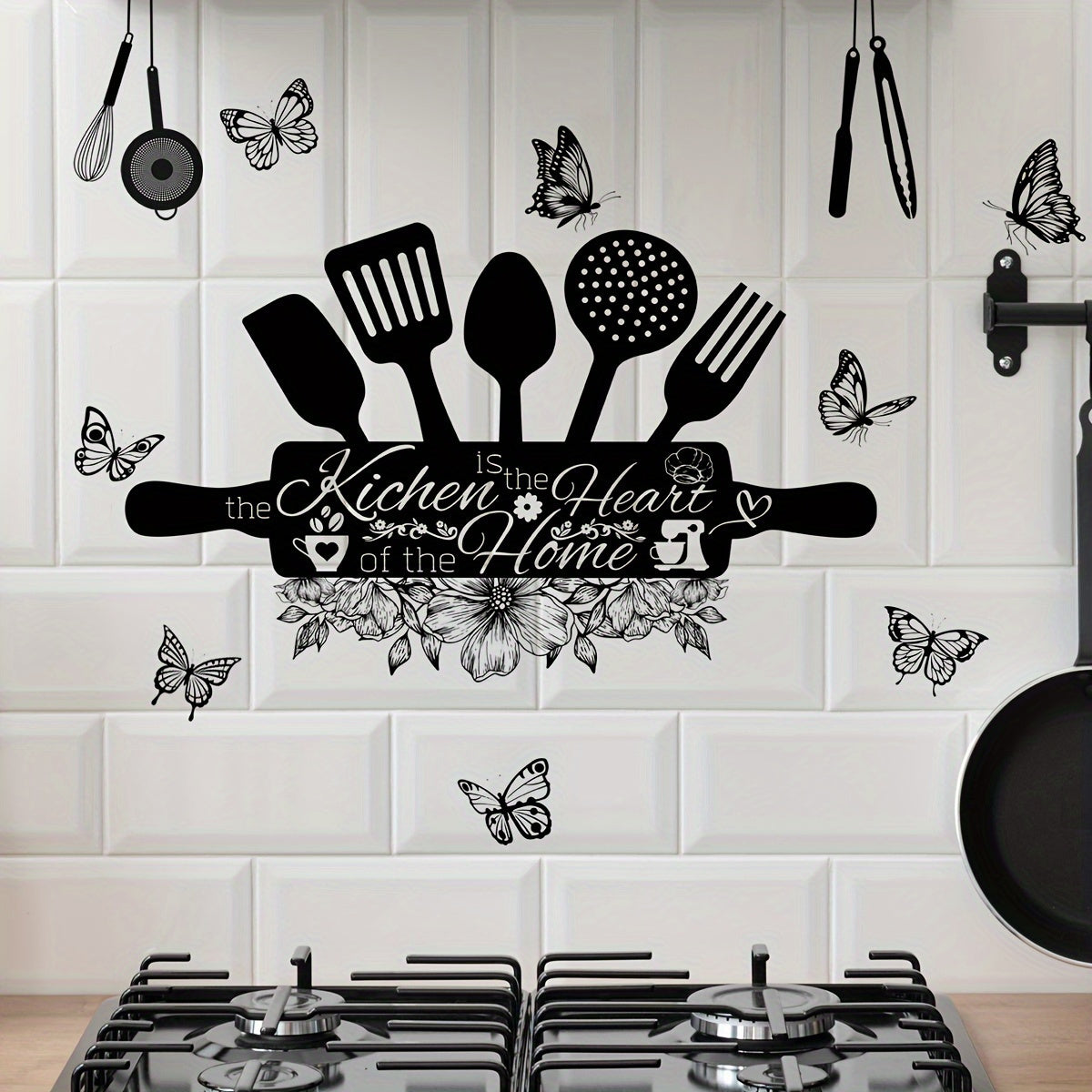 Vinilo decorativo para pared de cocina con acabado mate, cita inspiradora y detalles de mariposas, decorativo removible para el hogar