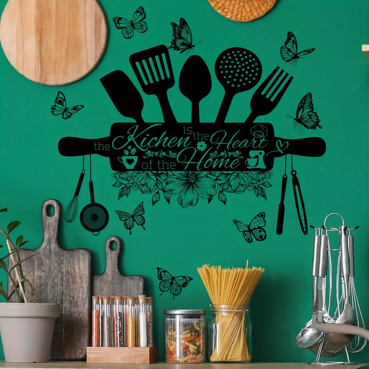 Vinilo decorativo para pared de cocina con acabado mate, cita inspiradora y detalles de mariposas, decorativo removible para el hogar