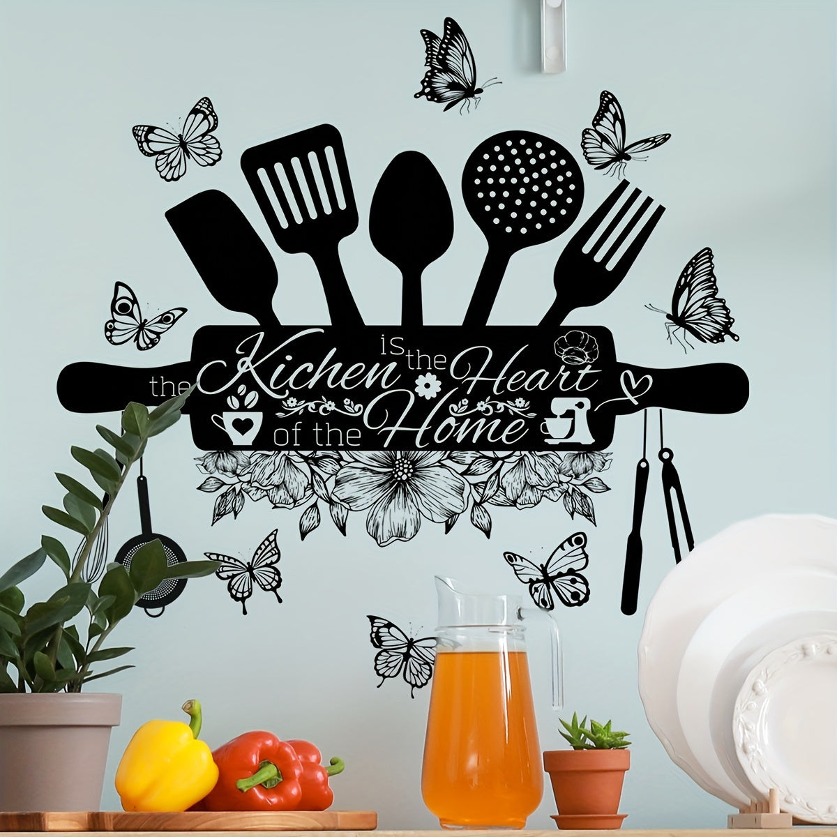 Vinilo decorativo para pared de cocina con acabado mate, cita inspiradora y detalles de mariposas, decorativo removible para el hogar