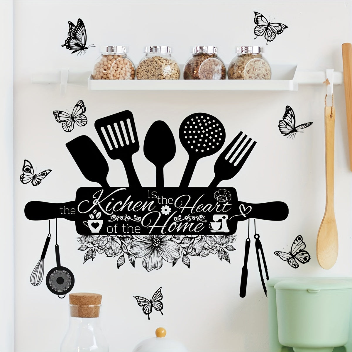 Vinilo decorativo para pared de cocina con acabado mate, cita inspiradora y detalles de mariposas, decorativo removible para el hogar