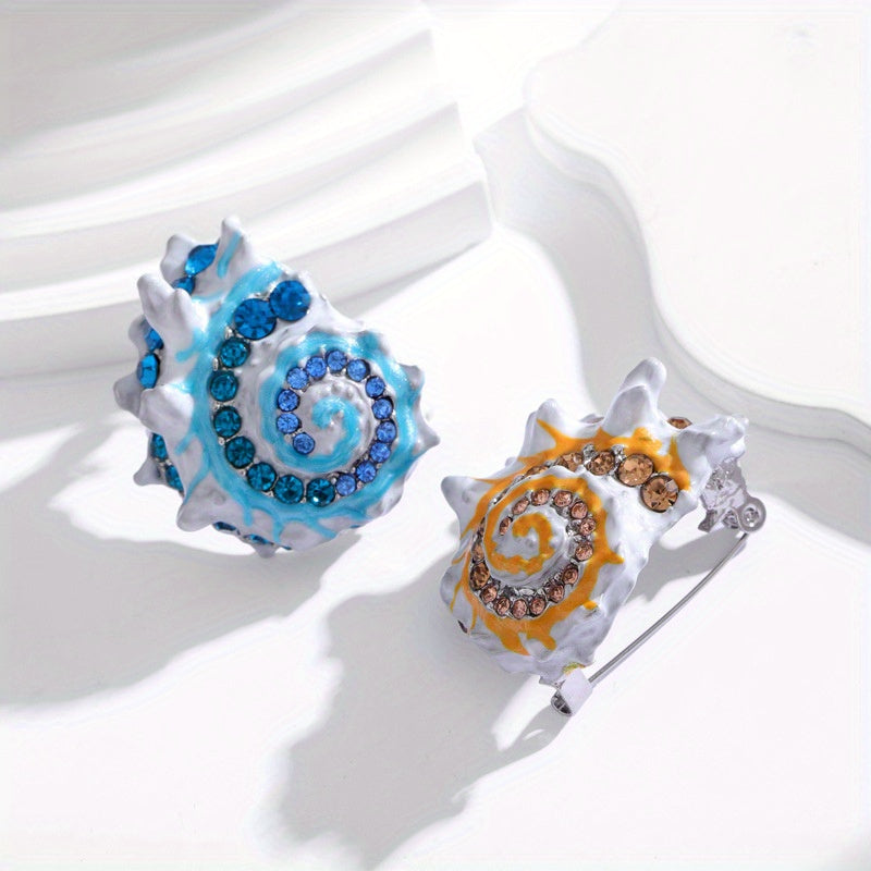 Enamel Conch Brooch with Rhinestone Accents Sea Creature Jewelry for Dressy Events