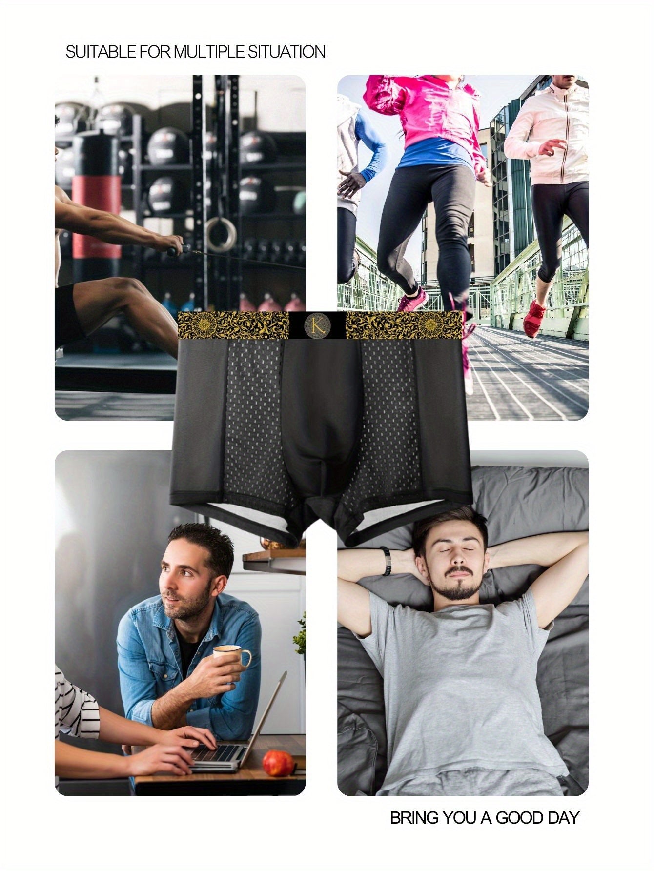 Erkaklar uchun Lüks Barok uslubidagi boxer qisqa shimlar, 4 dona, Muzli Silky Salqin va Havo o'tkazuvchi, Tez quriydigan, Ultra-ingichka, Ommabop oltin belbog' bilan, qora, qora kulrang, och kulrang va osmon ranglarida mavjud.