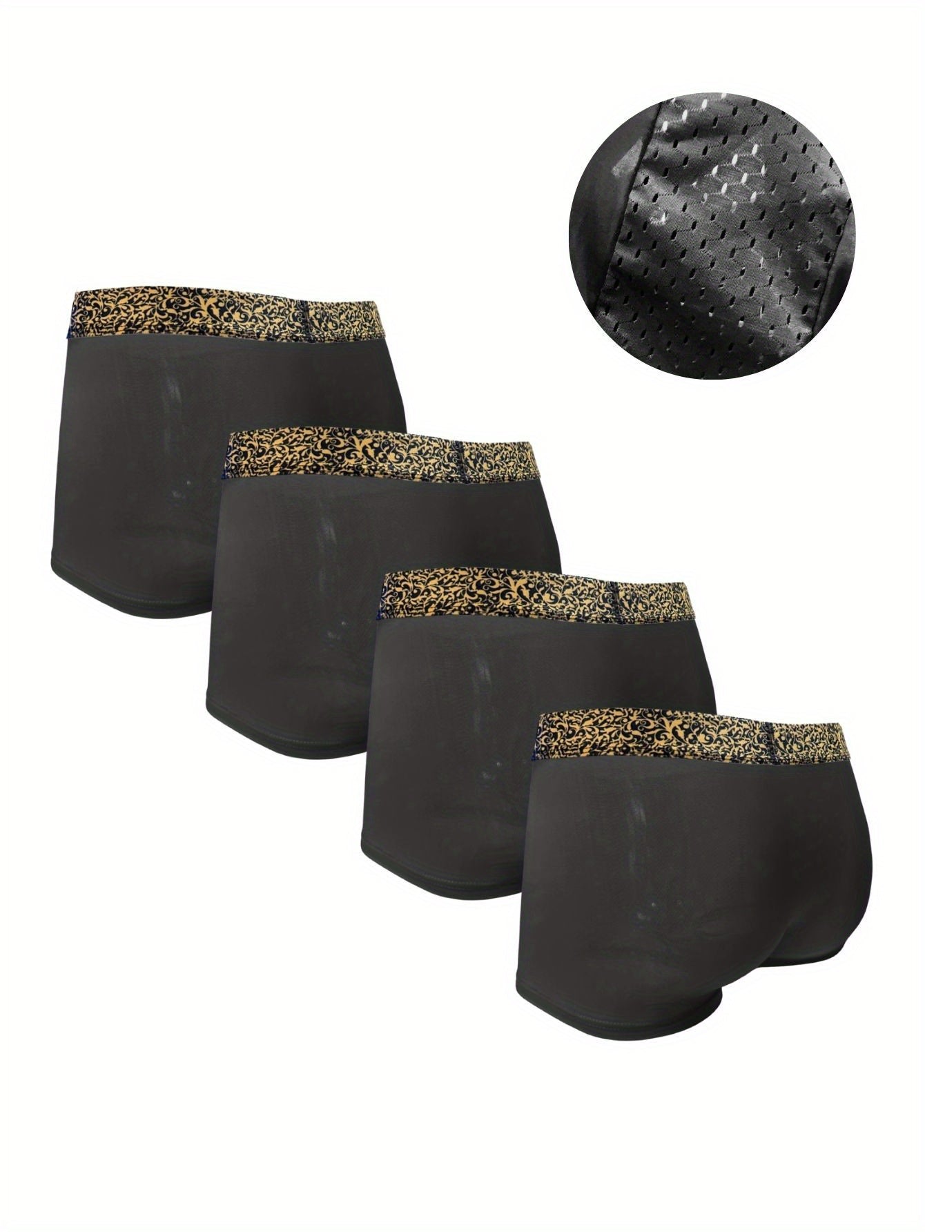 Erkaklar uchun Lüks Barok uslubidagi boxer qisqa shimlar, 4 dona, Muzli Silky Salqin va Havo o'tkazuvchi, Tez quriydigan, Ultra-ingichka, Ommabop oltin belbog' bilan, qora, qora kulrang, och kulrang va osmon ranglarida mavjud.