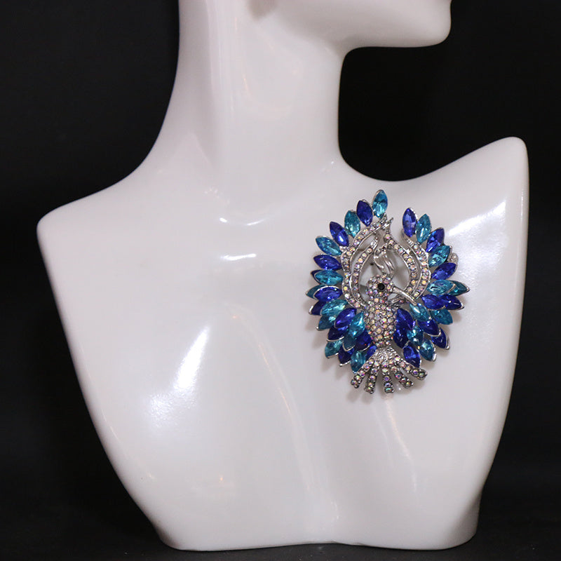 Peacock Brooch Pin with Blue Rhinestones Irregular Shape Elegant Jewelry Accessory