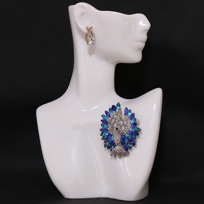 Peacock Brooch Pin with Blue Rhinestones Irregular Shape Elegant Jewelry Accessory