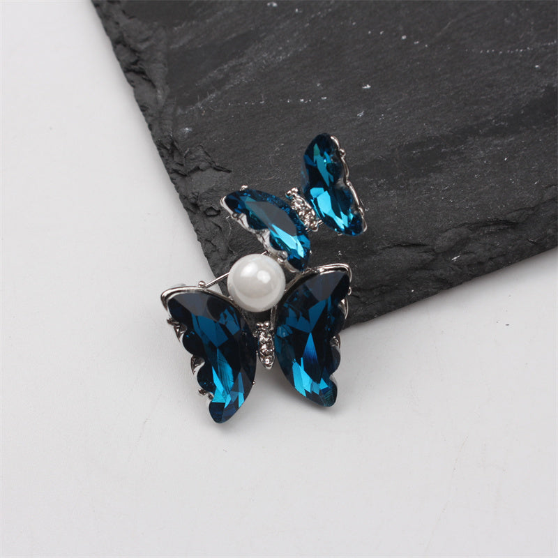 Blue Butterfly Brooch for Women Enamel Pearl Alloy Ombre Blazer Pin