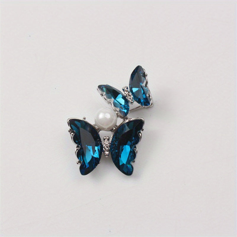 Blue Butterfly Brooch for Women Enamel Pearl Alloy Ombre Blazer Pin