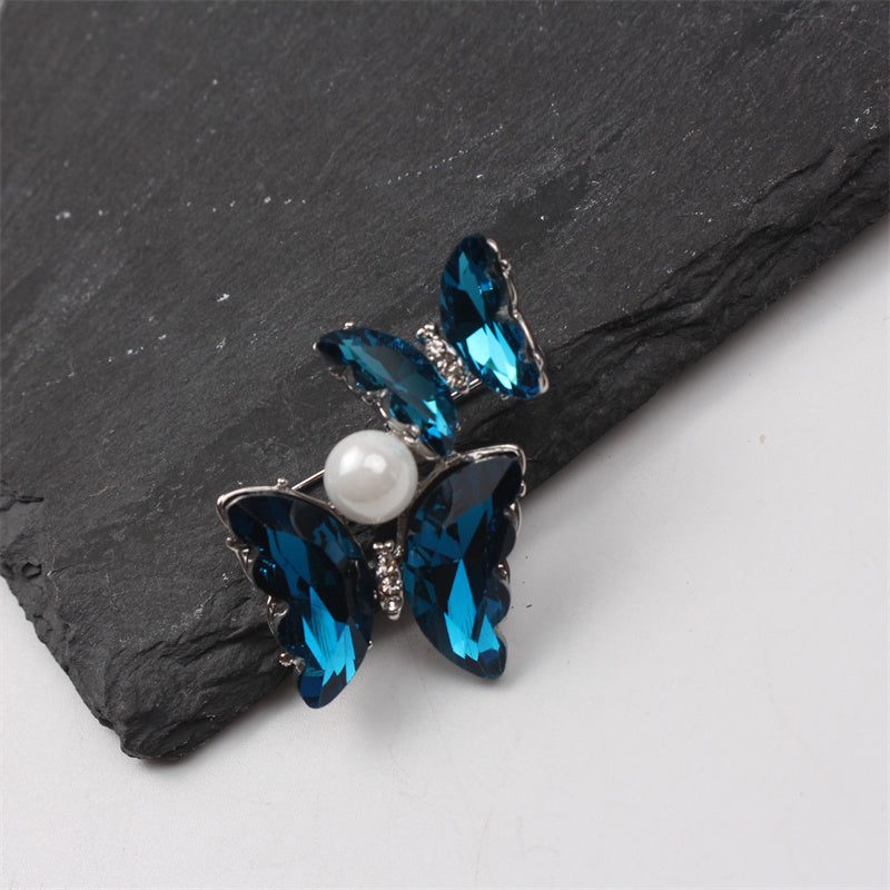 Blue Butterfly Brooch for Women Enamel Pearl Alloy Ombre Blazer Pin