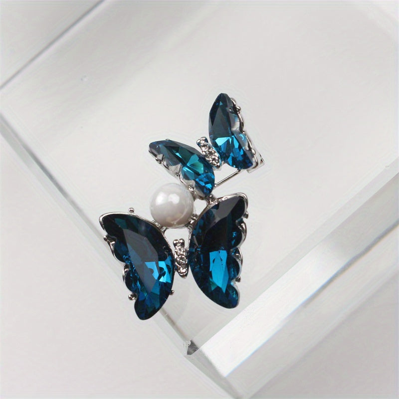 Blue Butterfly Brooch for Women Enamel Pearl Alloy Ombre Blazer Pin