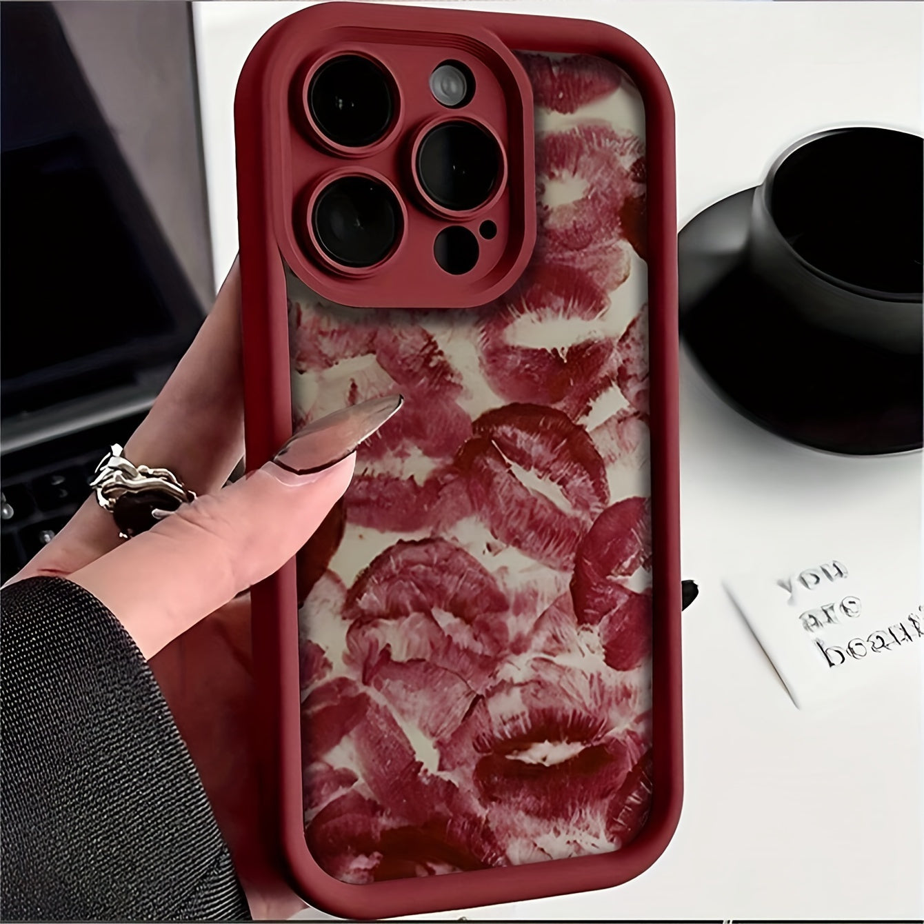 Wine Red Lip Print Embossed TPU Phone Case for iPhone Waterproof Shockproof