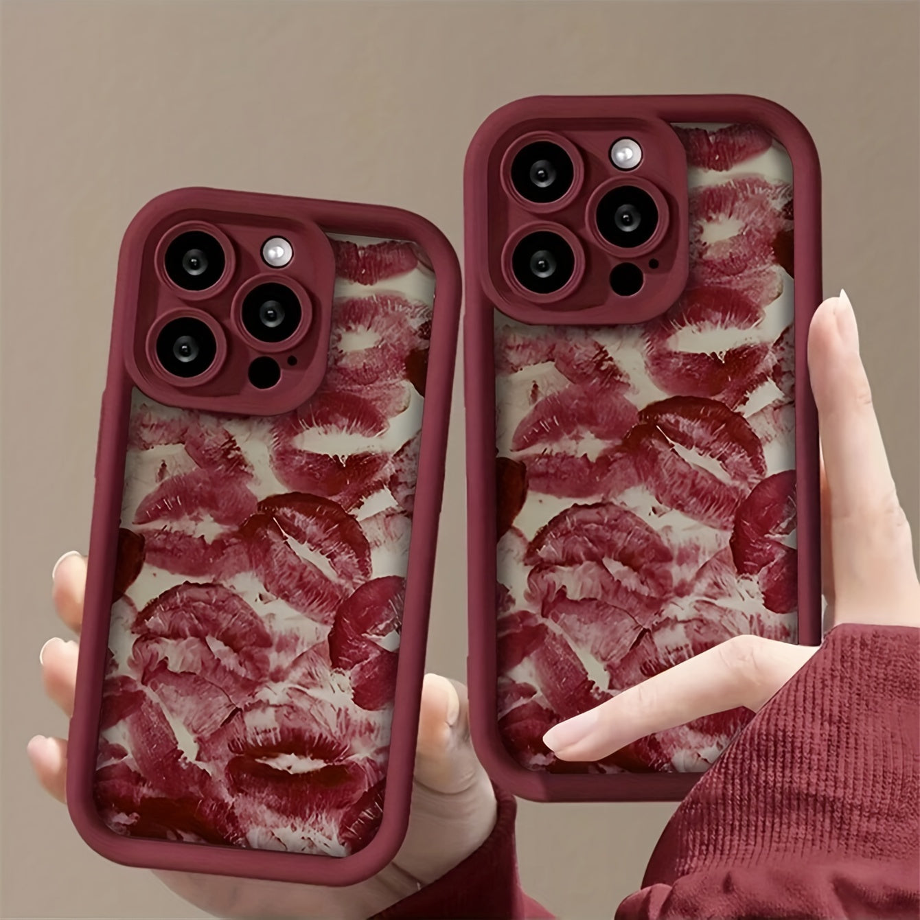 Wine Red Lip Print Embossed TPU Phone Case for iPhone Waterproof Shockproof