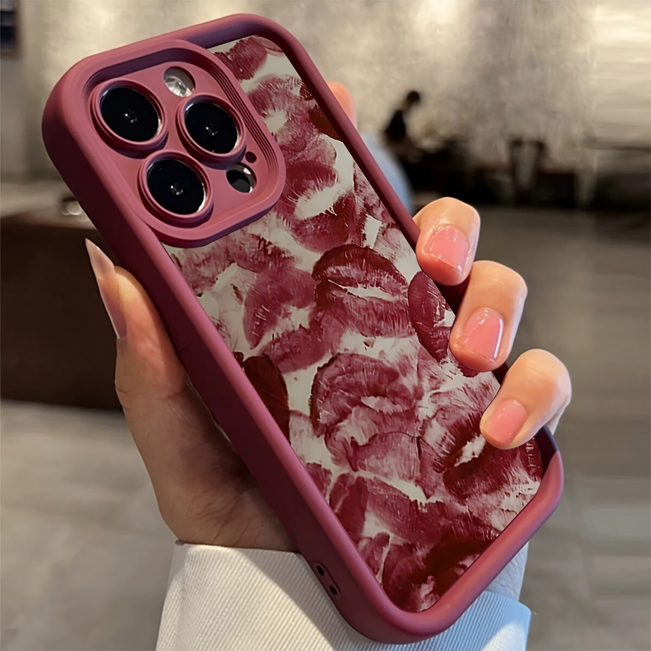 Wine Red Lip Print Embossed TPU Phone Case for iPhone Waterproof Shockproof