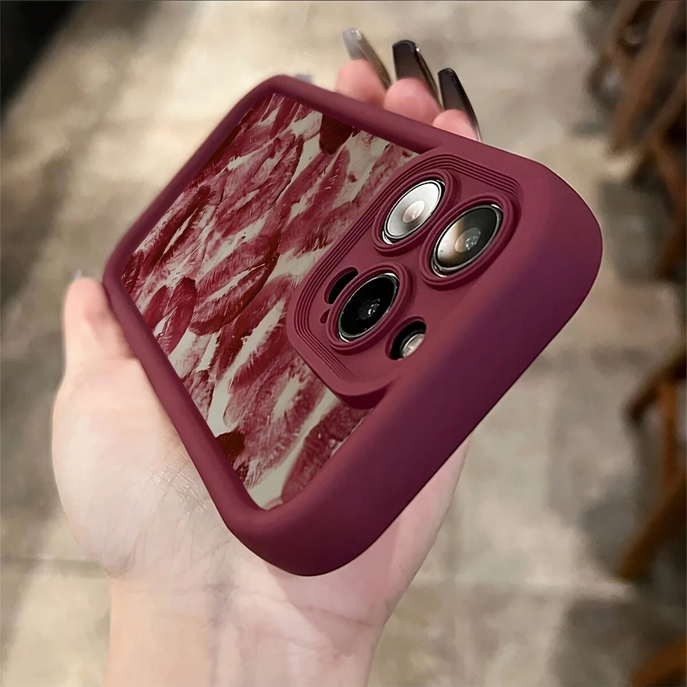 Wine Red Lip Print Embossed TPU Phone Case for iPhone Waterproof Shockproof