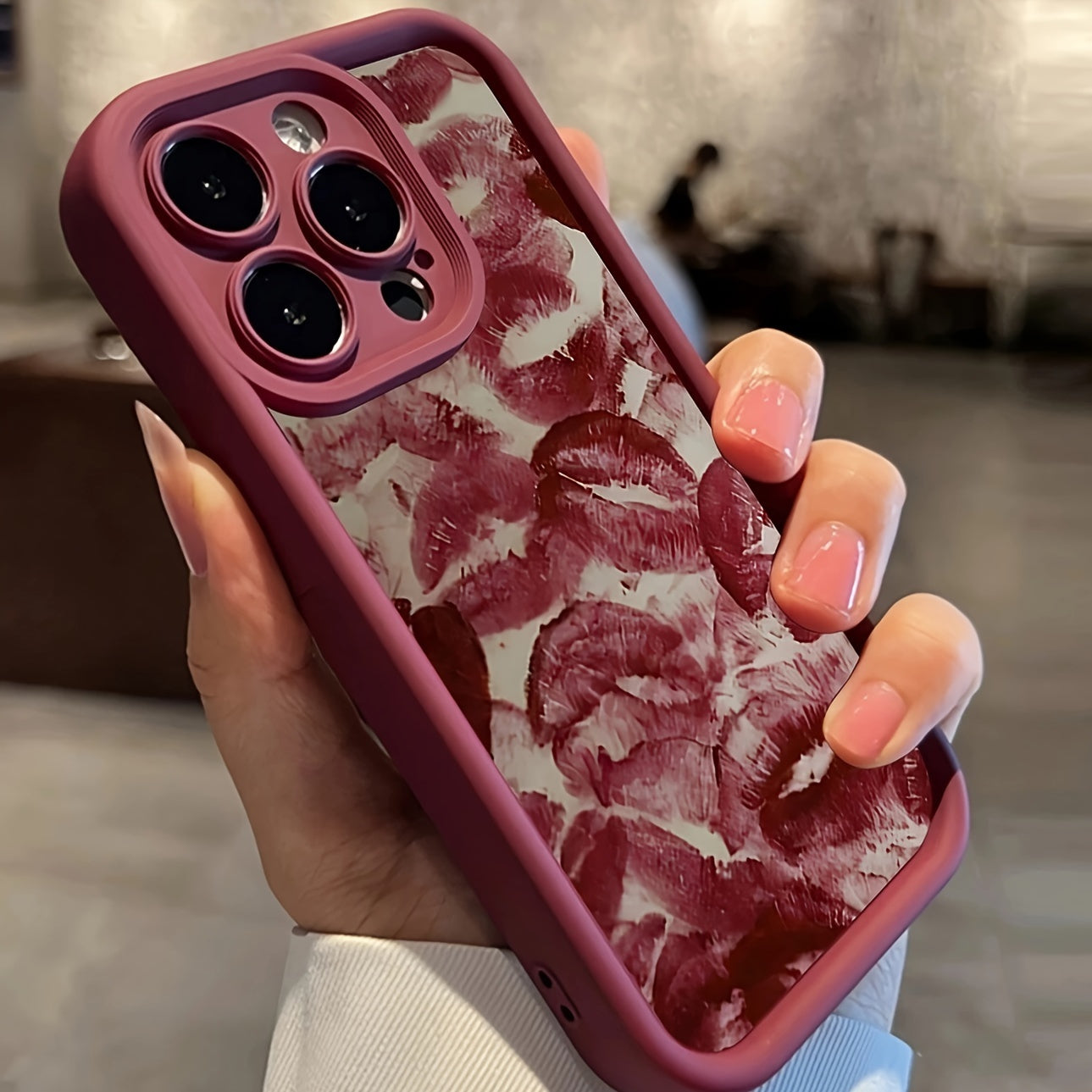 Wine Red Lip Print Embossed TPU Phone Case for iPhone Waterproof Shockproof