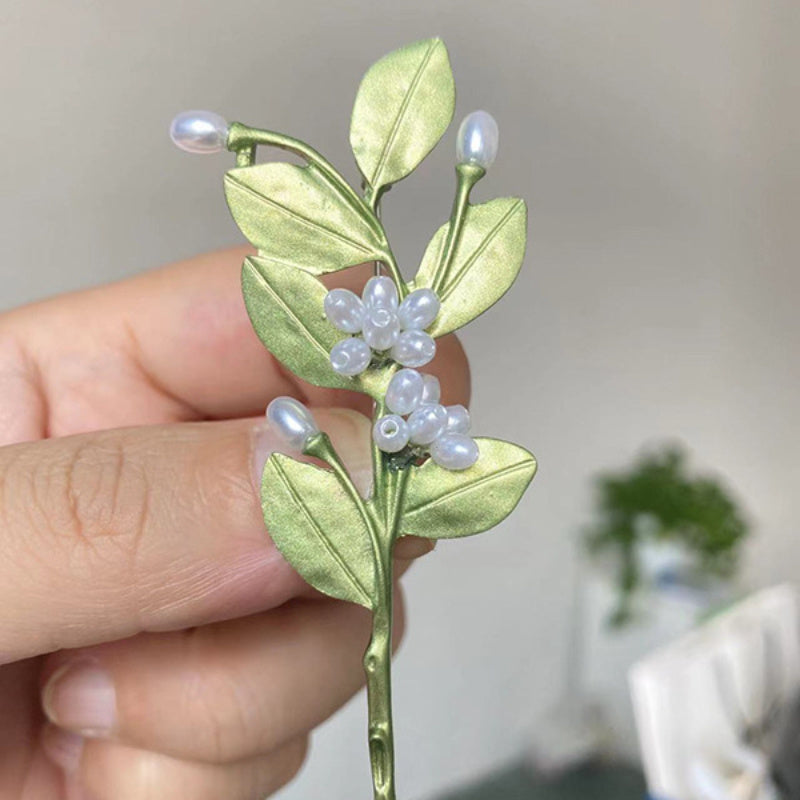 Green Leaf Faux Pearl Brooch for Women Vintage Floral Pin Accessory