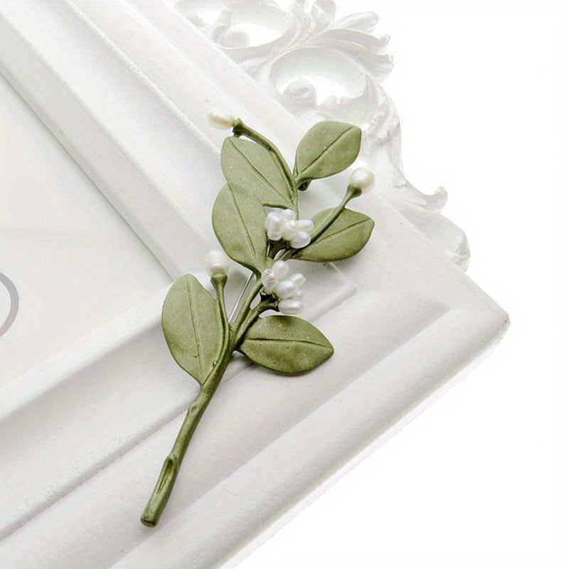Green Leaf Faux Pearl Brooch for Women Vintage Floral Pin Accessory