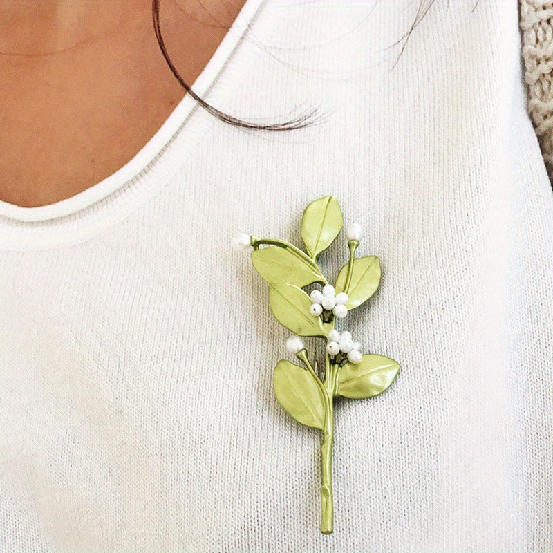 Green Leaf Faux Pearl Brooch for Women Vintage Floral Pin Accessory