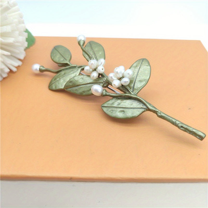Green Leaf Faux Pearl Brooch for Women Vintage Floral Pin Accessory