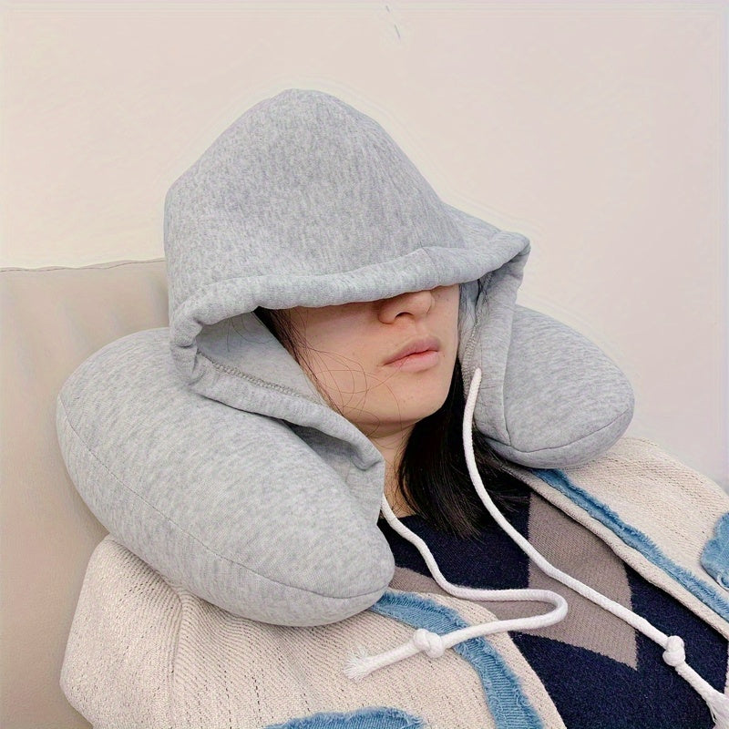 Ergonomic U-Shaped Travel Pillow with Hoodie for Adults Neck Support for Airplanes Car Trips