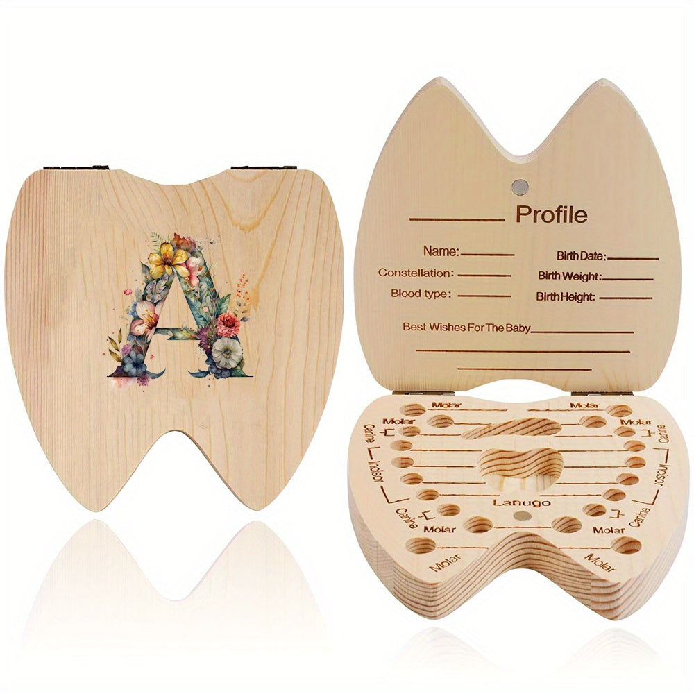 Wooden Keepsake Box for Children's Deciduous Teeth with Floral Letter Pattern