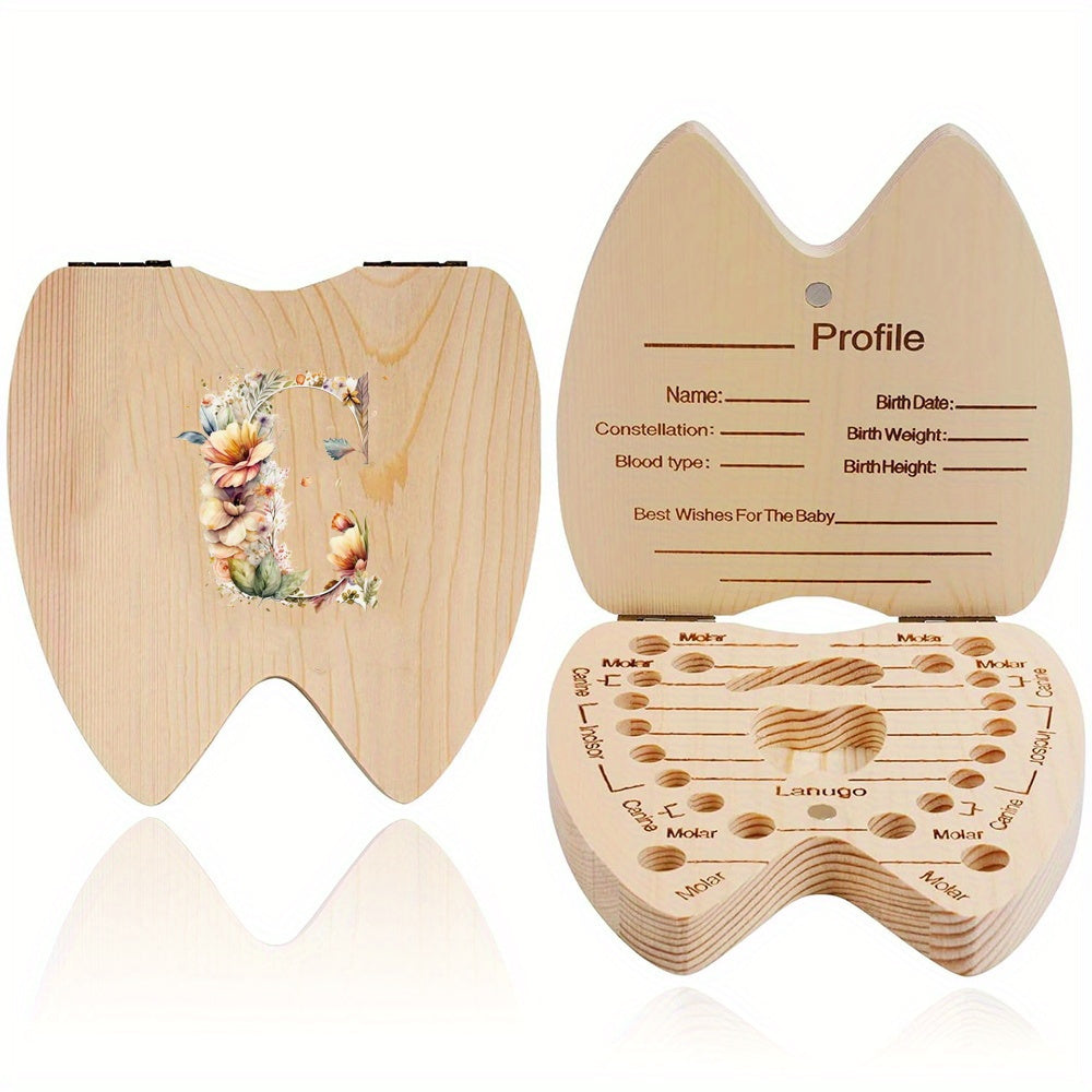 Wooden Keepsake Box for Children's Deciduous Teeth with Floral Letter Pattern