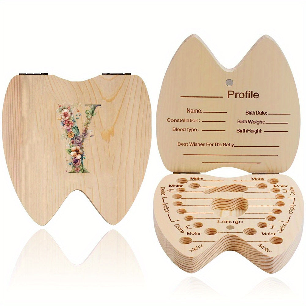 Wooden Keepsake Box for Children's Deciduous Teeth with Floral Letter Pattern