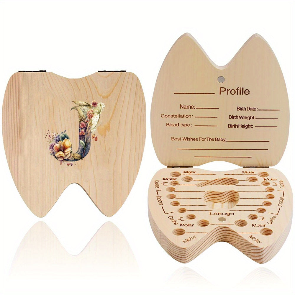Wooden Keepsake Box for Children's Deciduous Teeth with Floral Letter Pattern