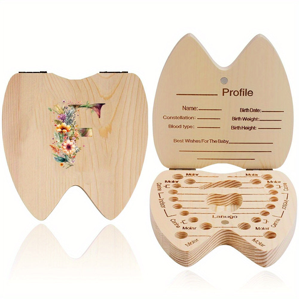 Wooden Keepsake Box for Children's Deciduous Teeth with Floral Letter Pattern