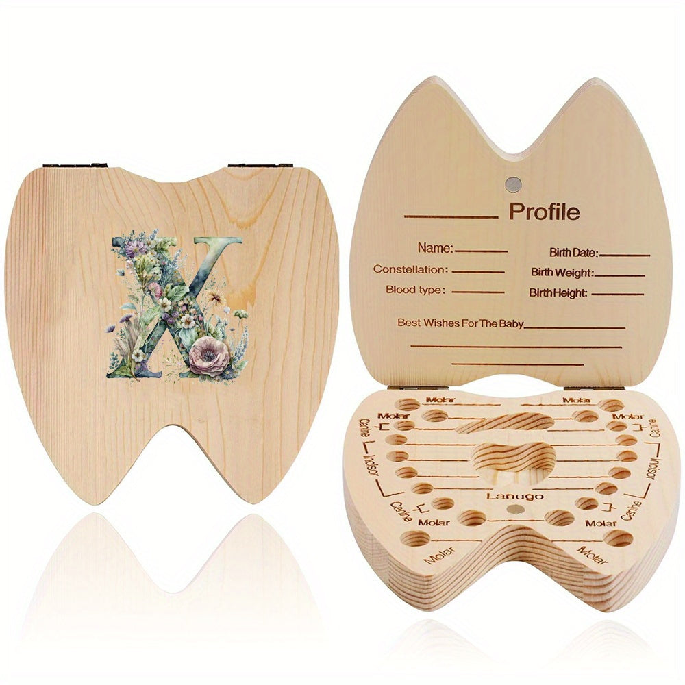 Wooden Keepsake Box for Children's Deciduous Teeth with Floral Letter Pattern