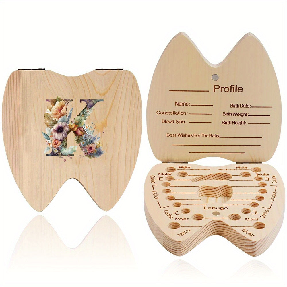 Wooden Keepsake Box for Children's Deciduous Teeth with Floral Letter Pattern