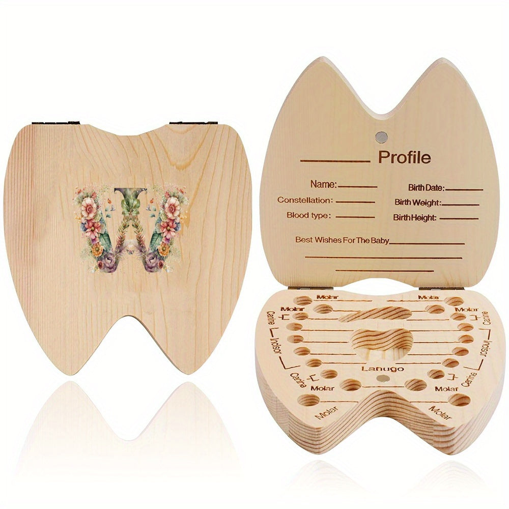 Wooden Keepsake Box for Children's Deciduous Teeth with Floral Letter Pattern
