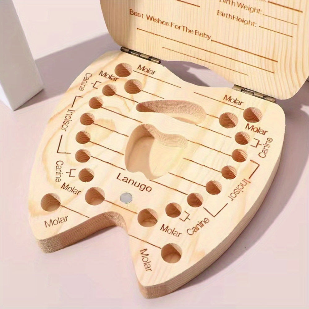 Wooden Keepsake Box for Children's Deciduous Teeth with Floral Letter Pattern
