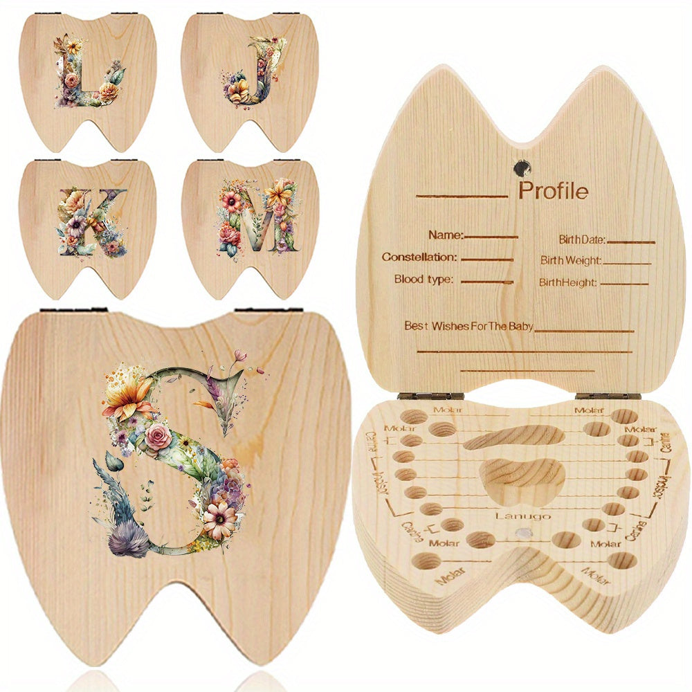 Wooden Keepsake Box for Children's Deciduous Teeth with Floral Letter Pattern