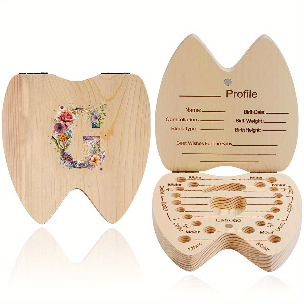 Wooden Keepsake Box for Children's Deciduous Teeth with Floral Letter Pattern