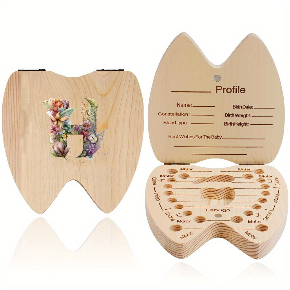 Wooden Keepsake Box for Children's Deciduous Teeth with Floral Letter Pattern