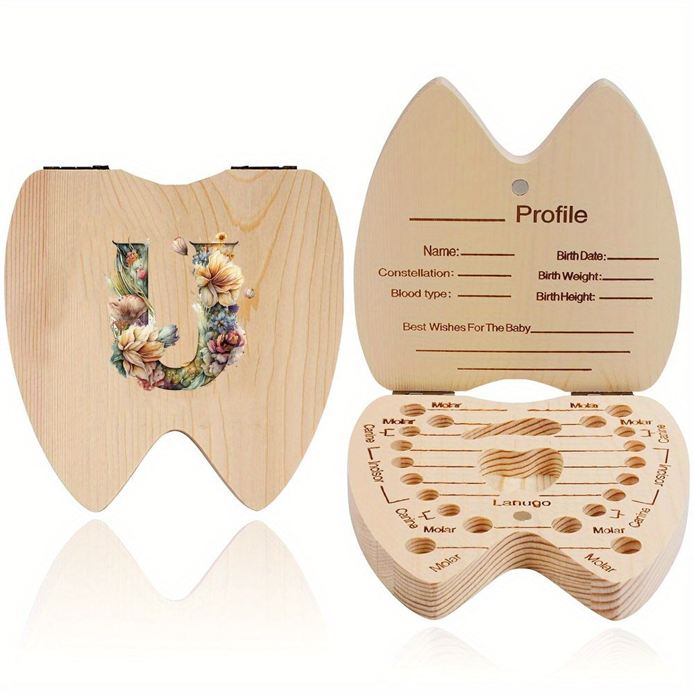 Wooden Keepsake Box for Children's Deciduous Teeth with Floral Letter Pattern