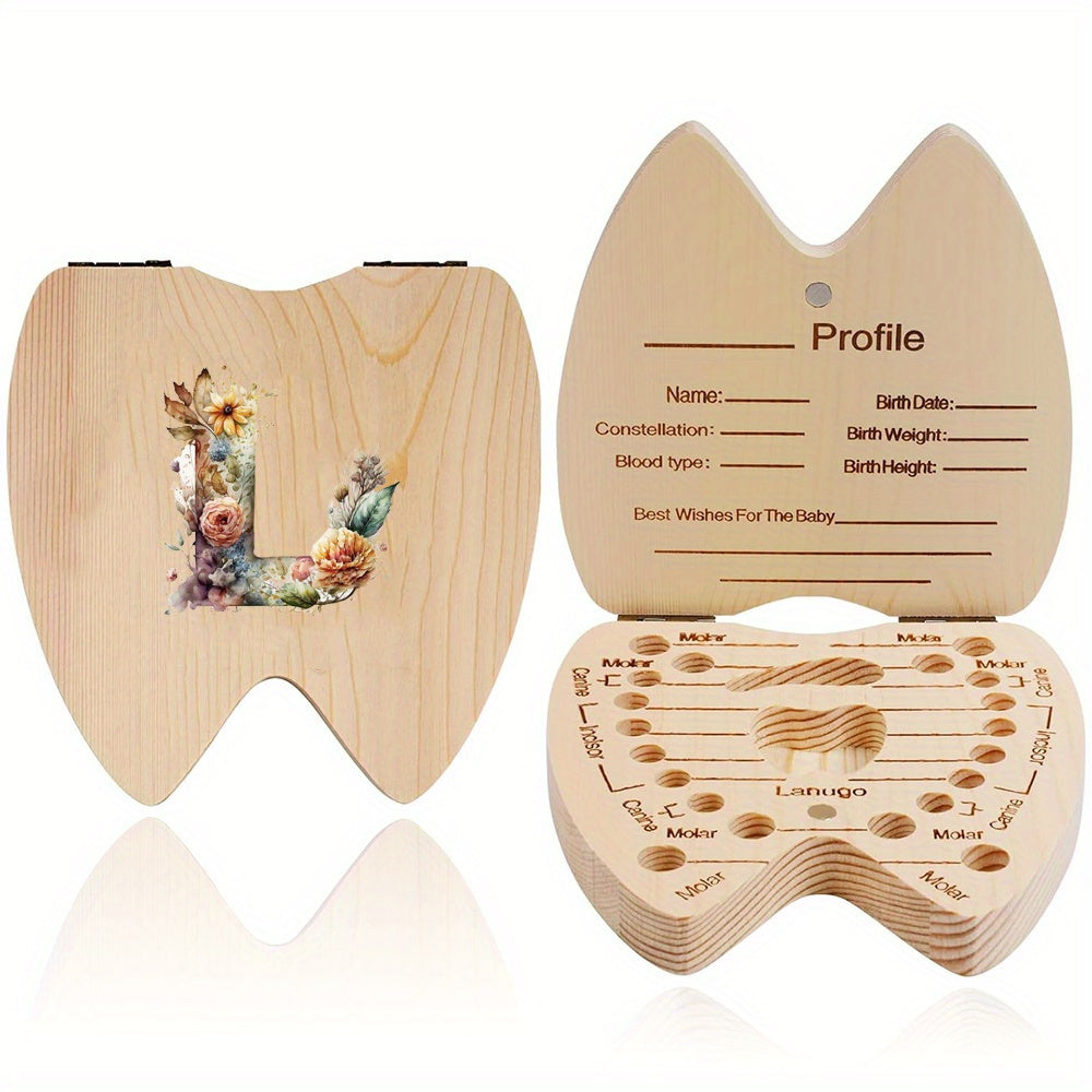 Wooden Keepsake Box for Children's Deciduous Teeth with Floral Letter Pattern