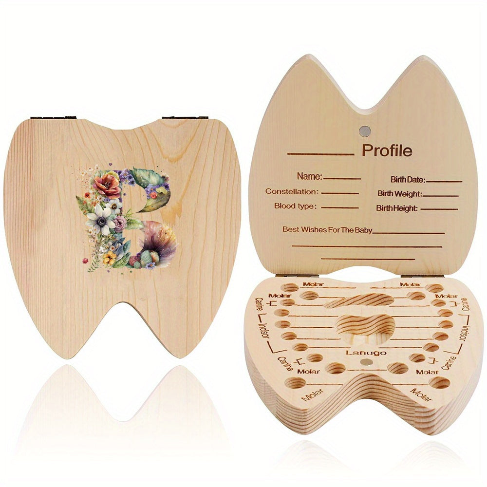 Wooden Keepsake Box for Children's Deciduous Teeth with Floral Letter Pattern