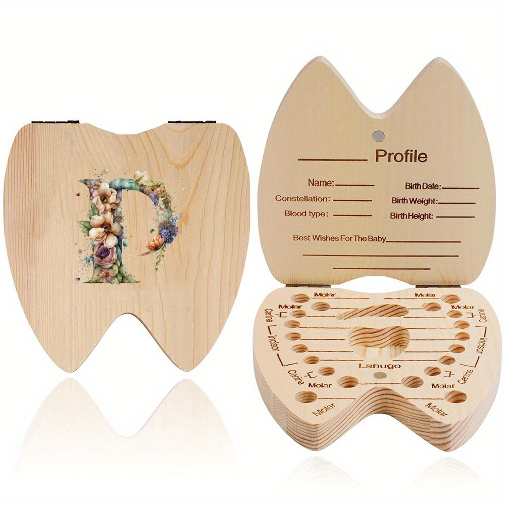 Wooden Keepsake Box for Children's Deciduous Teeth with Floral Letter Pattern