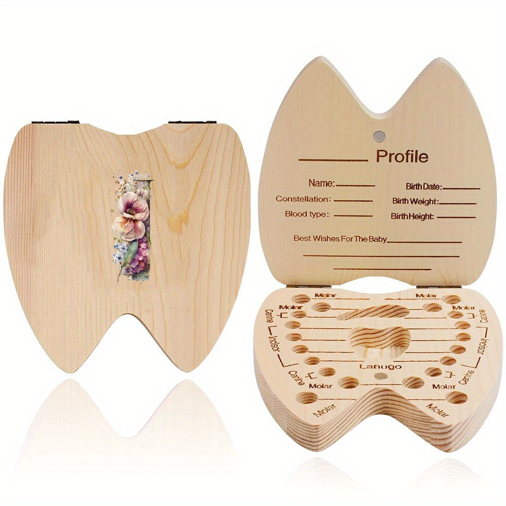 Wooden Keepsake Box for Children's Deciduous Teeth with Floral Letter Pattern
