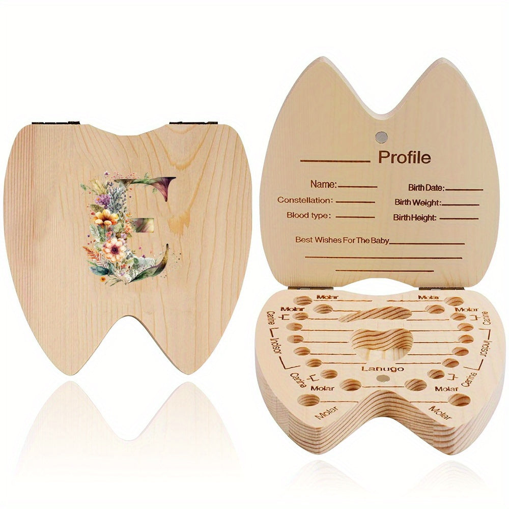 Wooden Keepsake Box for Children's Deciduous Teeth with Floral Letter Pattern