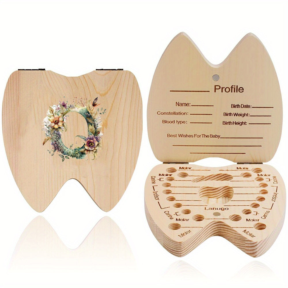 Wooden Keepsake Box for Children's Deciduous Teeth with Floral Letter Pattern