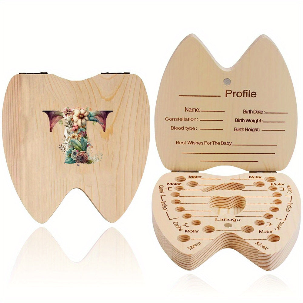 Wooden Keepsake Box for Children's Deciduous Teeth with Floral Letter Pattern