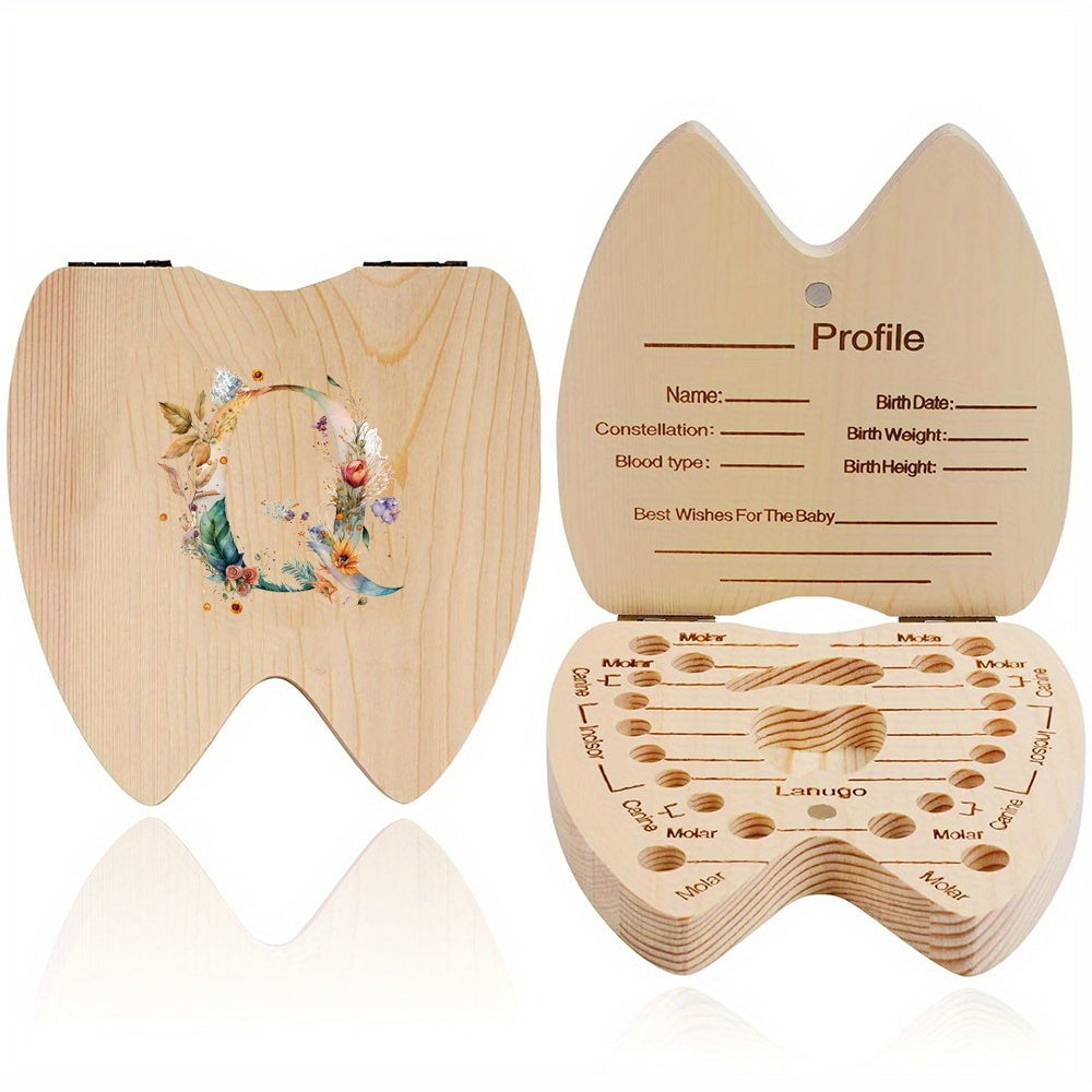 Wooden Keepsake Box for Children's Deciduous Teeth with Floral Letter Pattern