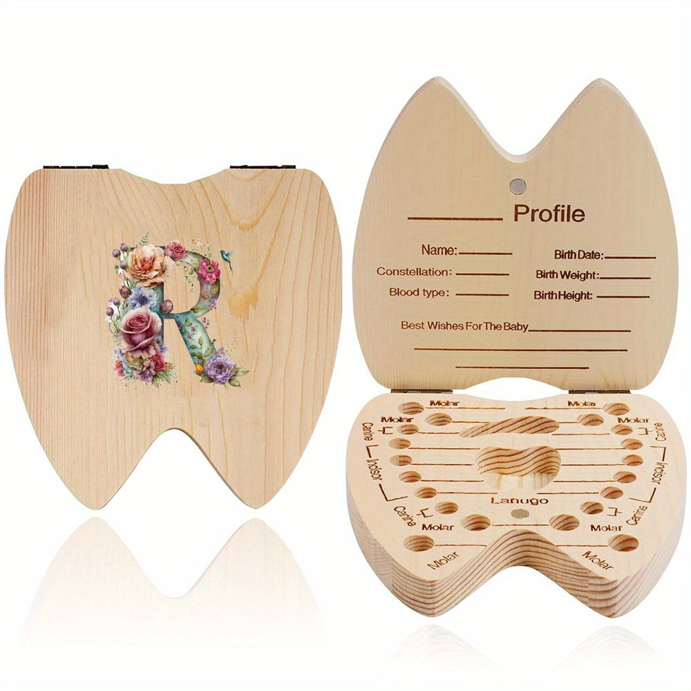 Wooden Keepsake Box for Children's Deciduous Teeth with Floral Letter Pattern
